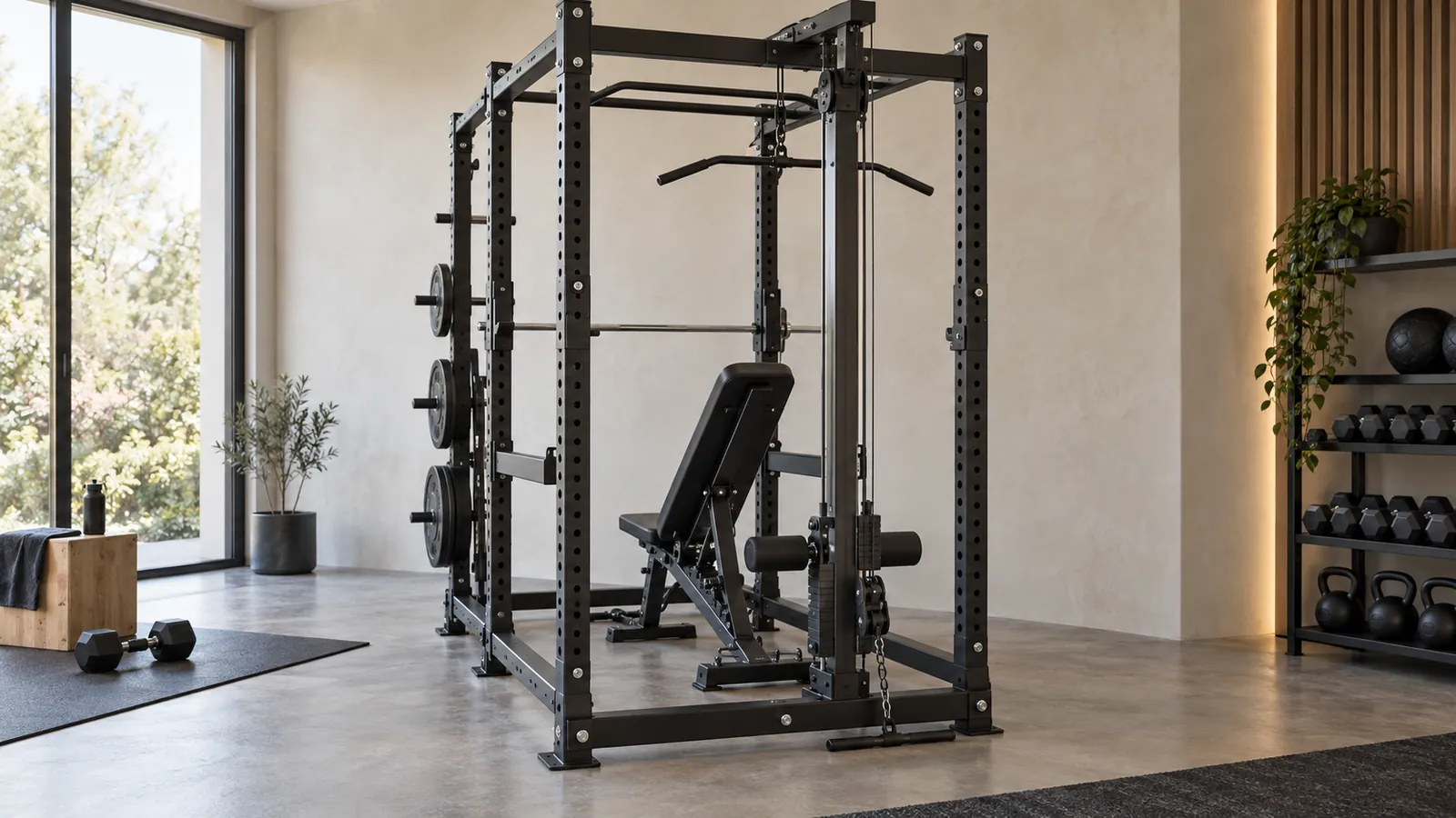 Rack multifonction avec stabilisateur arrière visible, câble et dégagement du banc