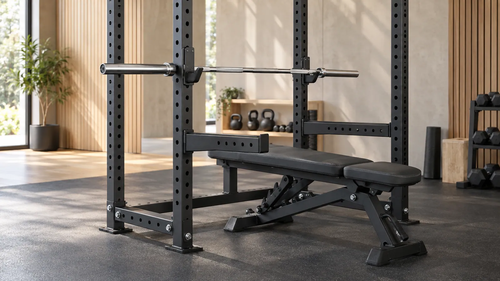 Upright power rack dengan lubang rapat di zona bench dan safety yang diposisikan benar