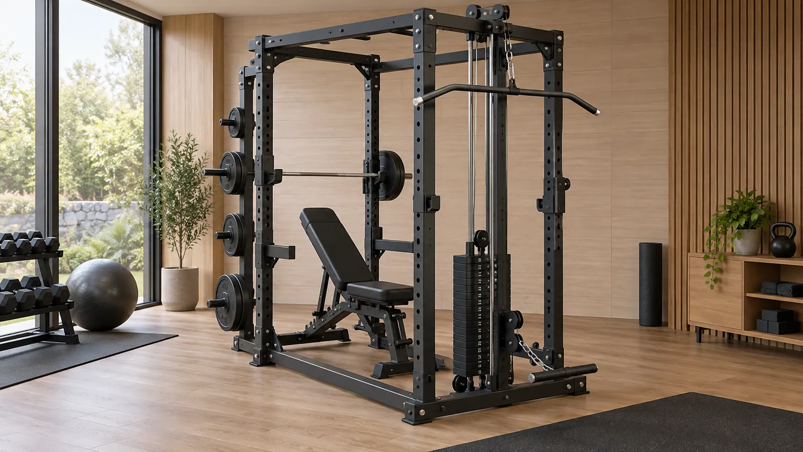 Power rack multifungsi dengan stabilizer belakang, sistem kabel, dan ruang bench aman