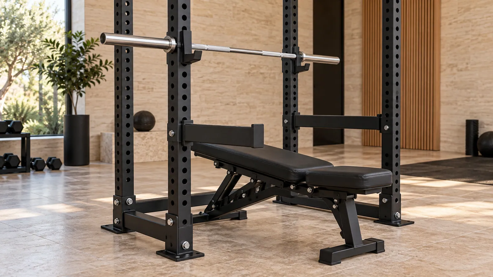 Montante di power rack con fori ravvicinati nella zona panca e sicurezze ben posizionate