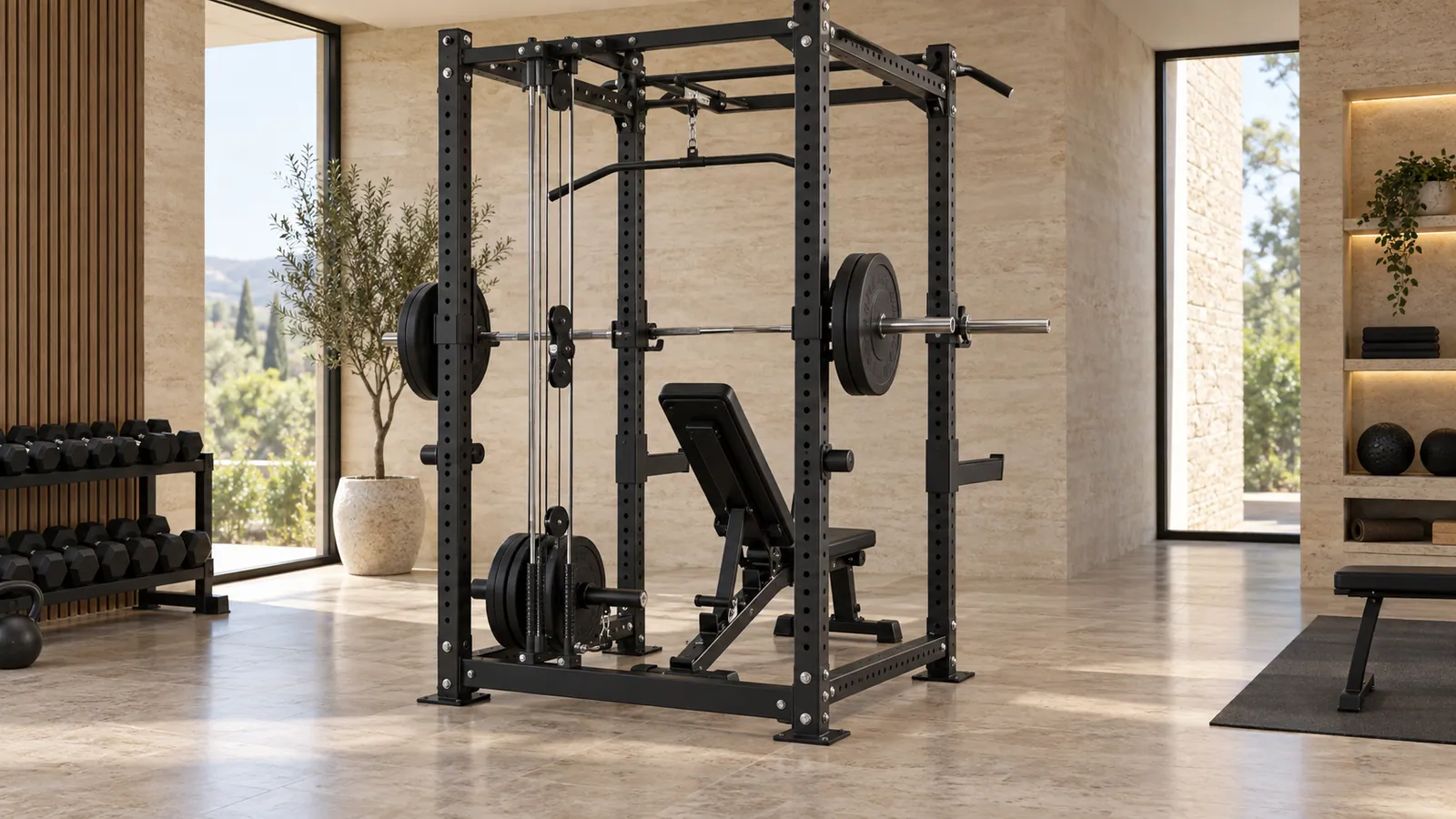 Power rack multifunzione con stabilizzatore posteriore, cavi e spazio sicuro per la panca