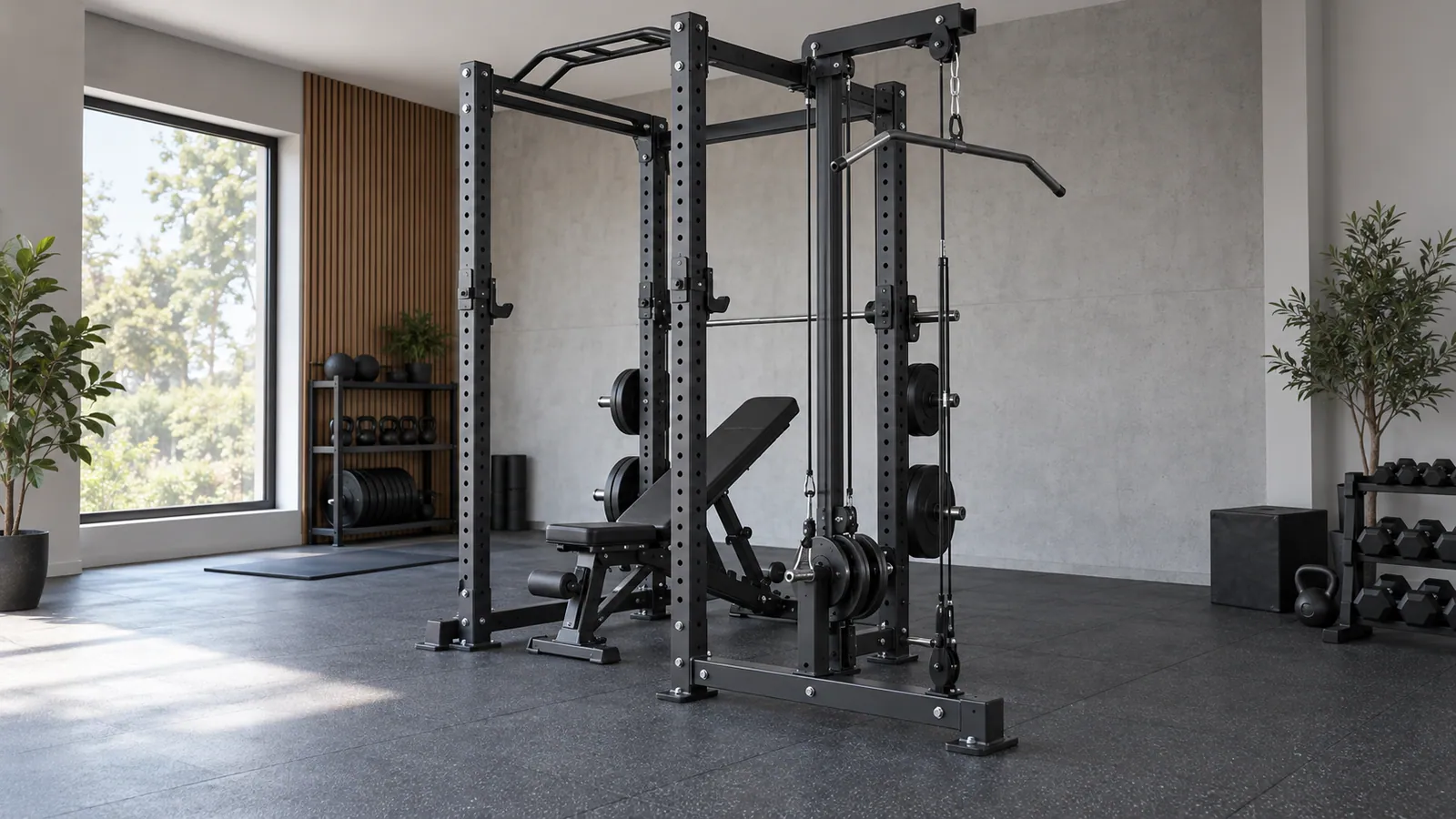 Multifunctioneel power rack met zichtbare achterste stabilisator, kabels en bankruimte