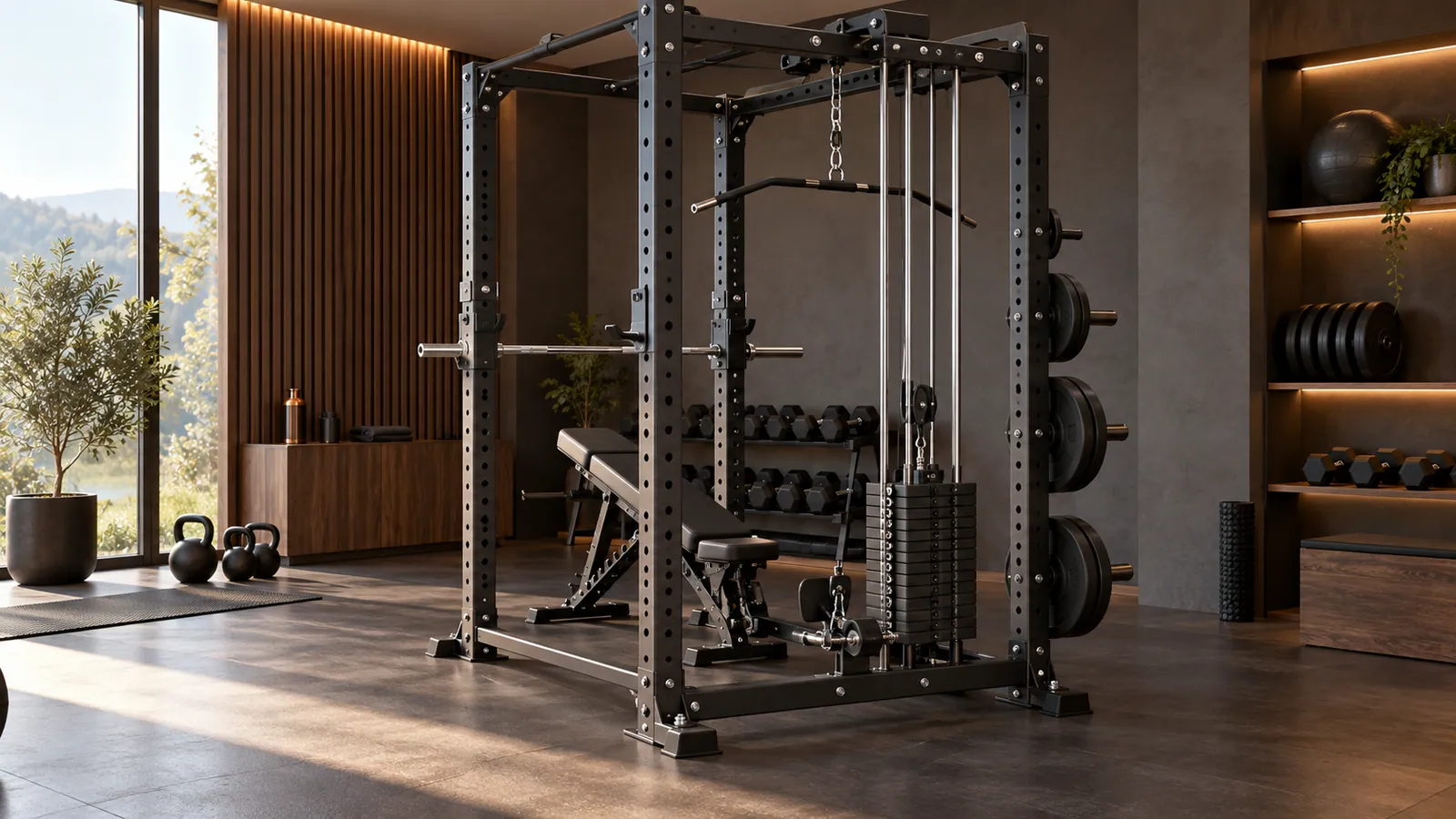 Wielofunkcyjny power rack z tylnym stabilizatorem, wyciągiem i miejscem na ławkę