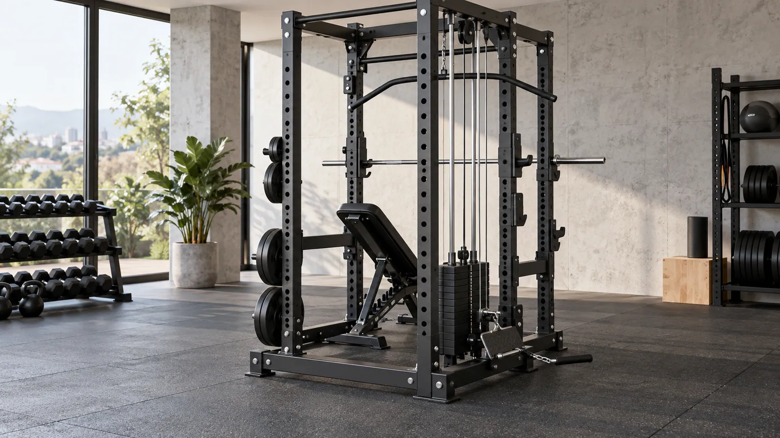 Power rack multifuncional com estabilizador traseiro visível, cabo e folga segura para banco