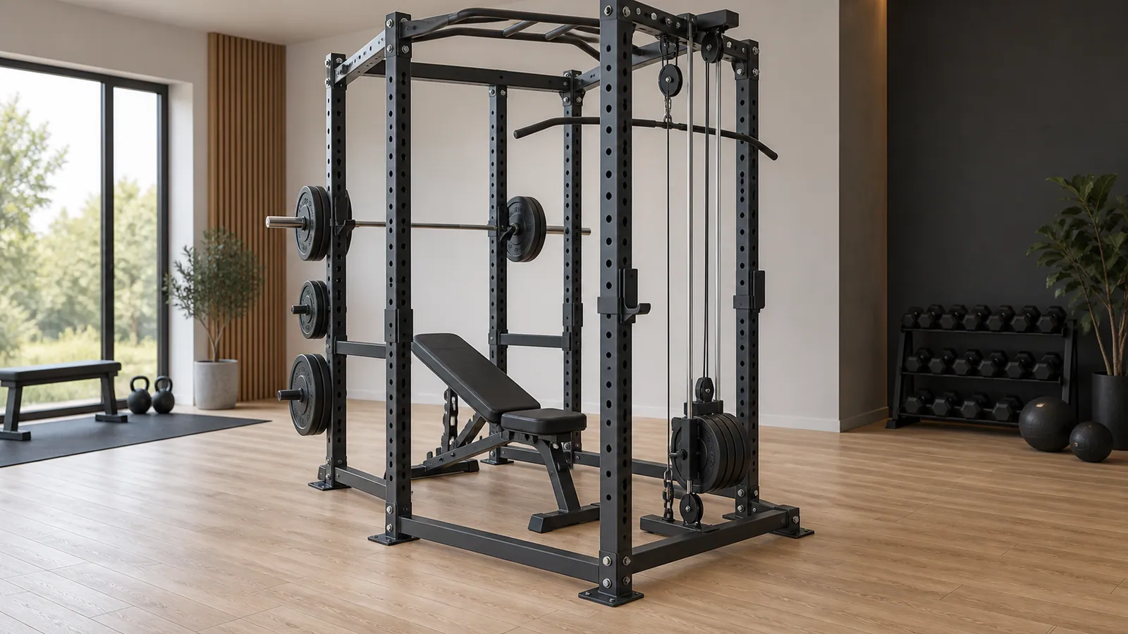 Multifunktionellt power rack med bakre basstabilisator, kabelsystem och bänkfrigång