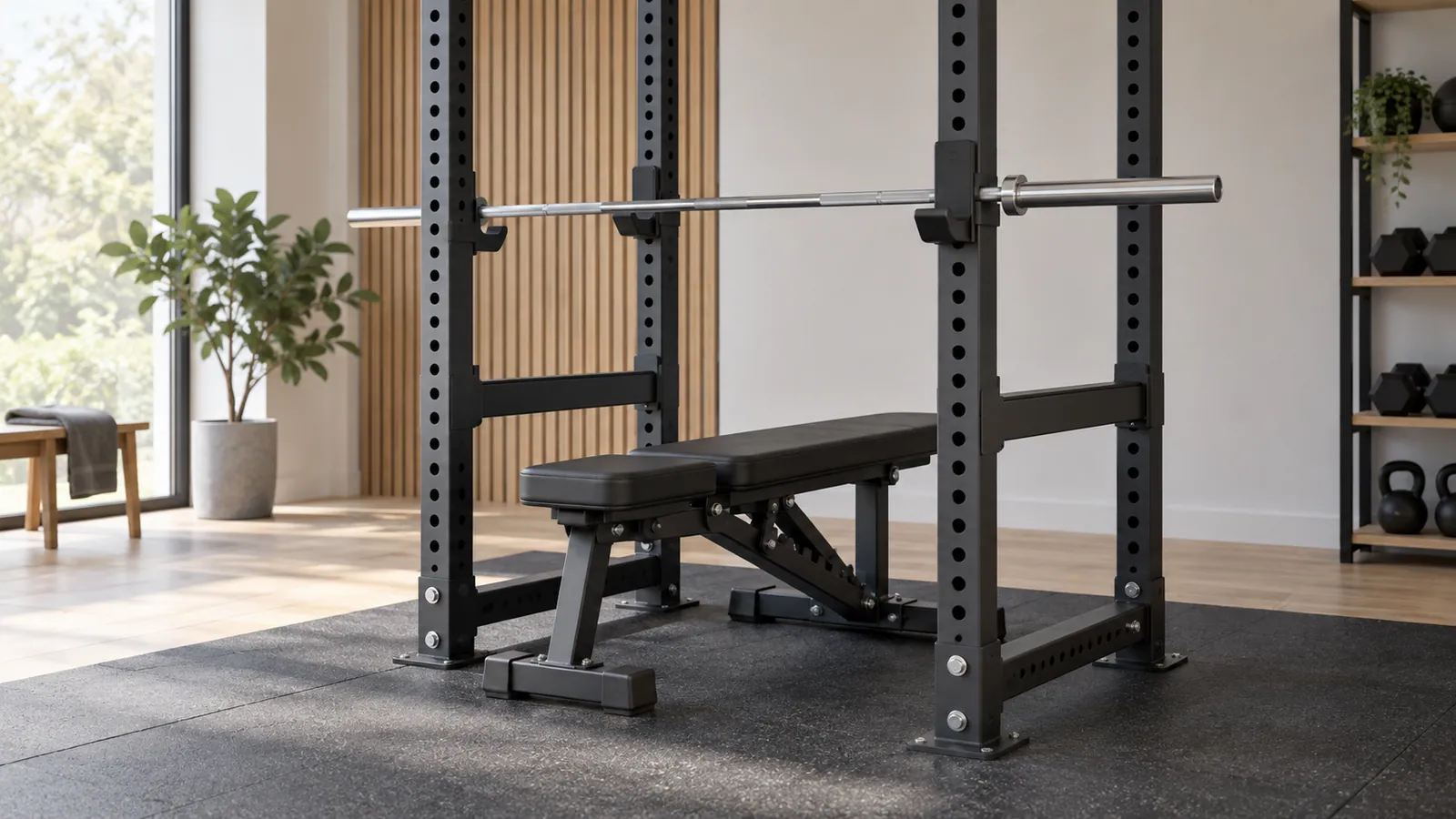 Power-rackstolpe med täta hål vid bänk och korrekt placerade safeties