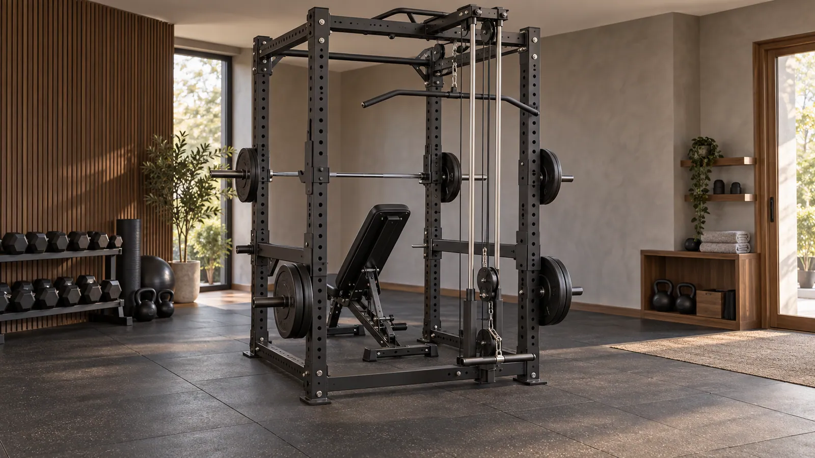 Arka taban stabilizatörü, kablo sistemi ve bench boşluğu görünen çok işlevli power rack