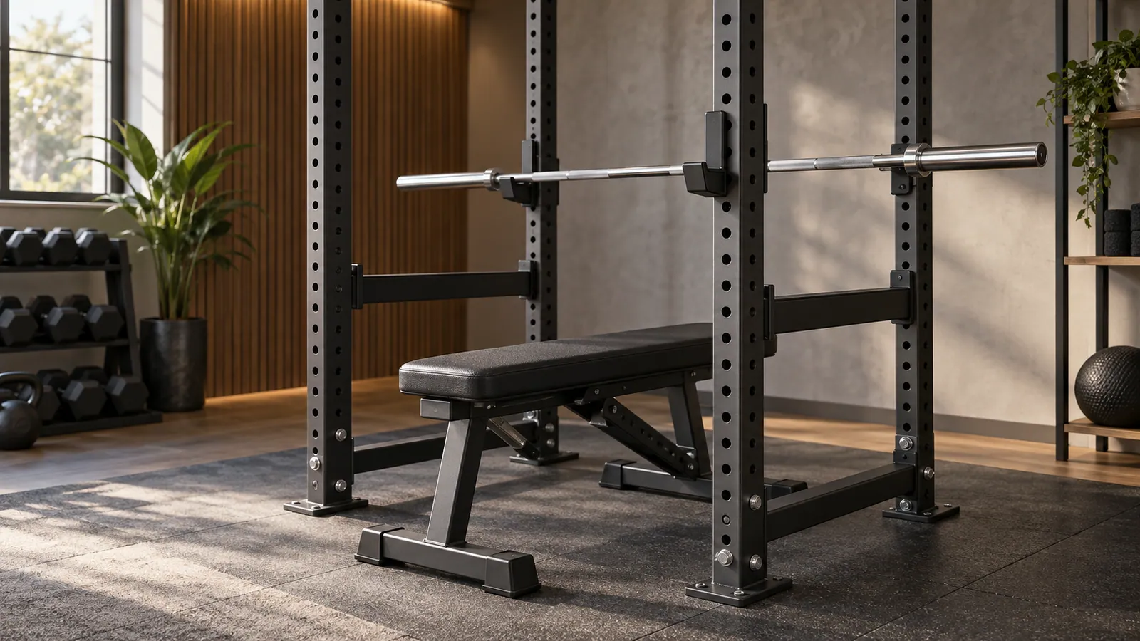 Bench bölgesinde sık delikli power rack dikmesi ile doğru ayarlı bench ve güvenlik kolları