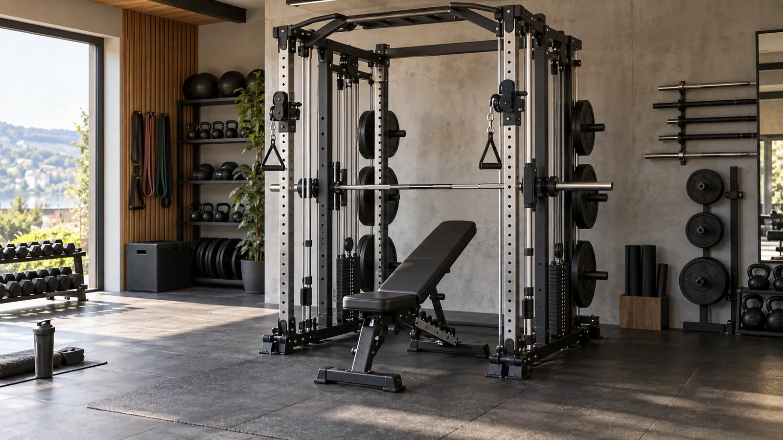 Zwei verstellbare Kabelsäulen am Multifunktionsrack mit freier Trainingszone