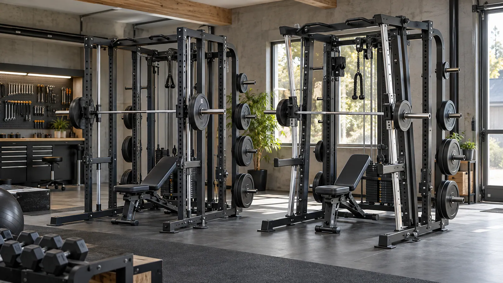Vergleich schräger und senkrechter Smith-Schienen im hochwertigen Home Gym