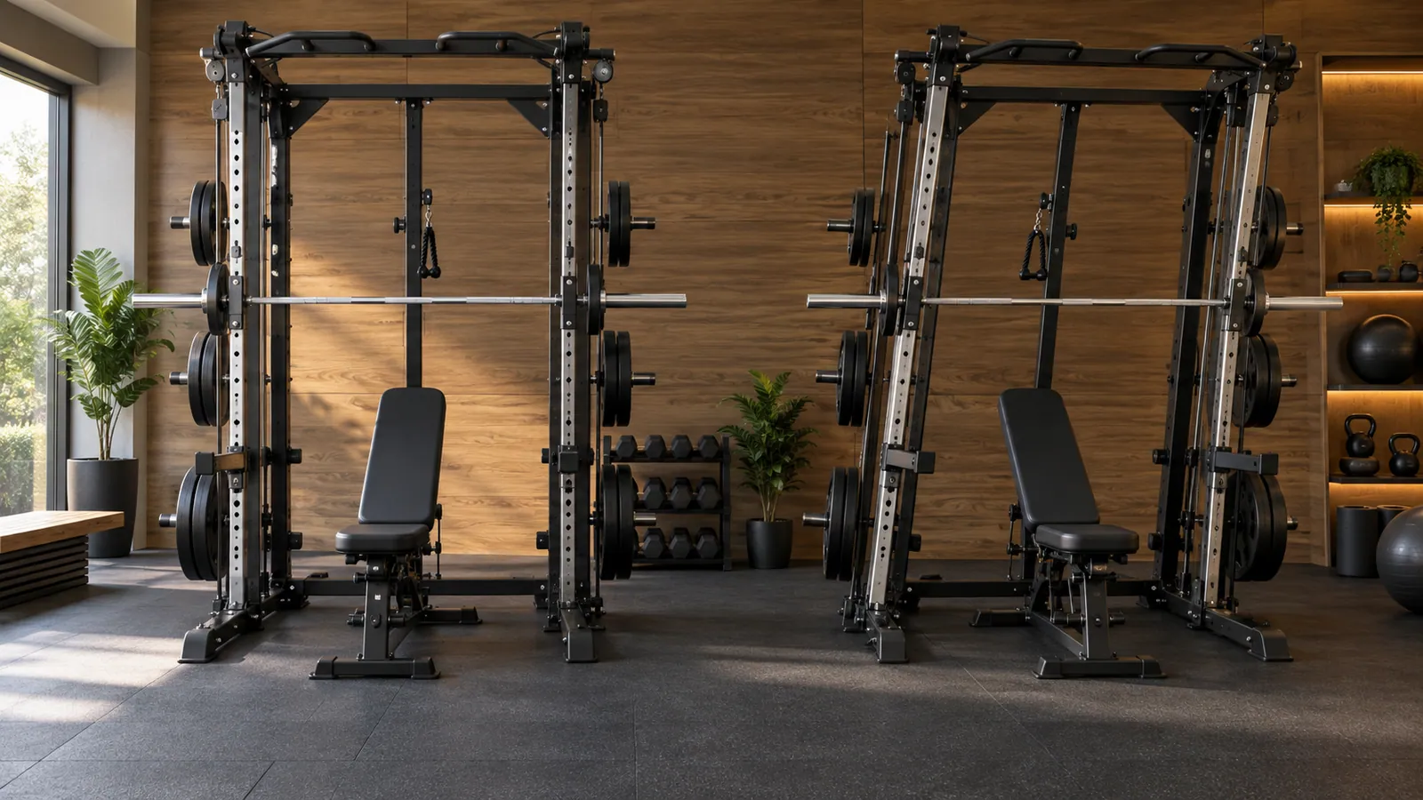 Angled and vertical Smith machine rail paths compared in a premium home gym