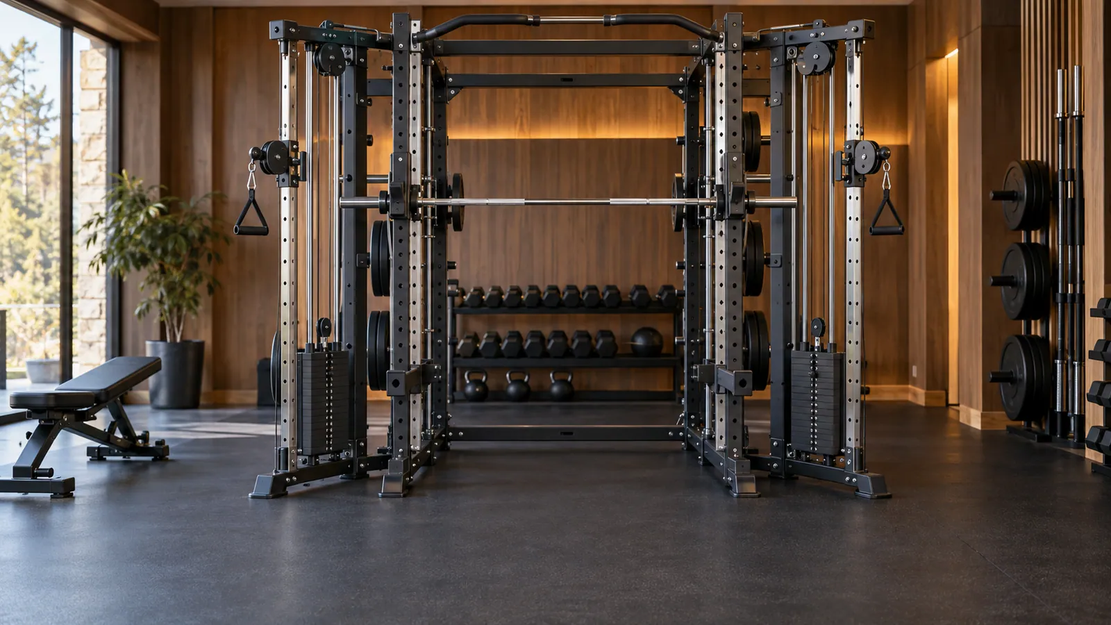 Dual adjustable cable columns on a multifunctional training rack with clear exercise space