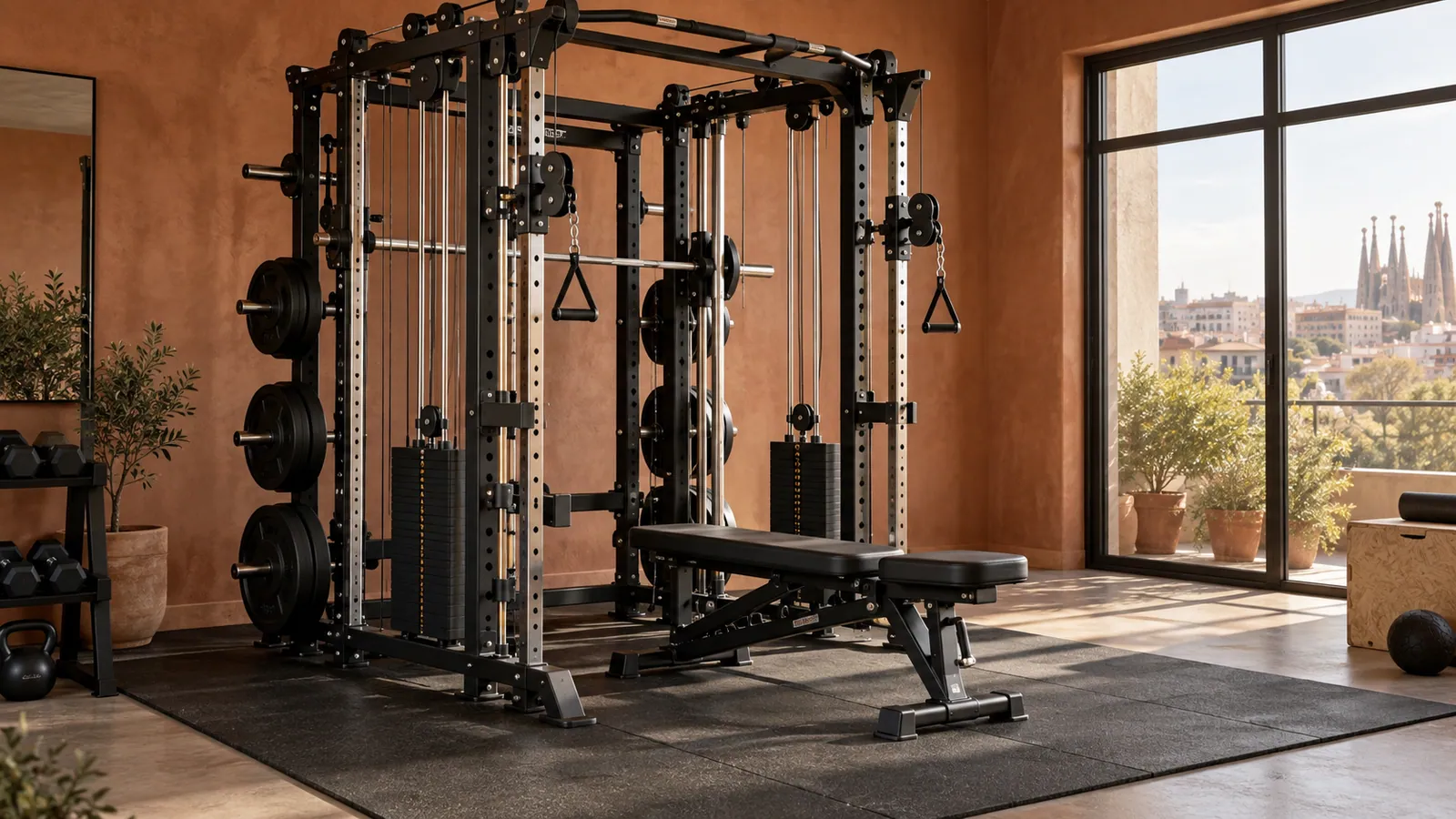 Columnas dobles de cable regulable integradas en rack multifunción con área libre