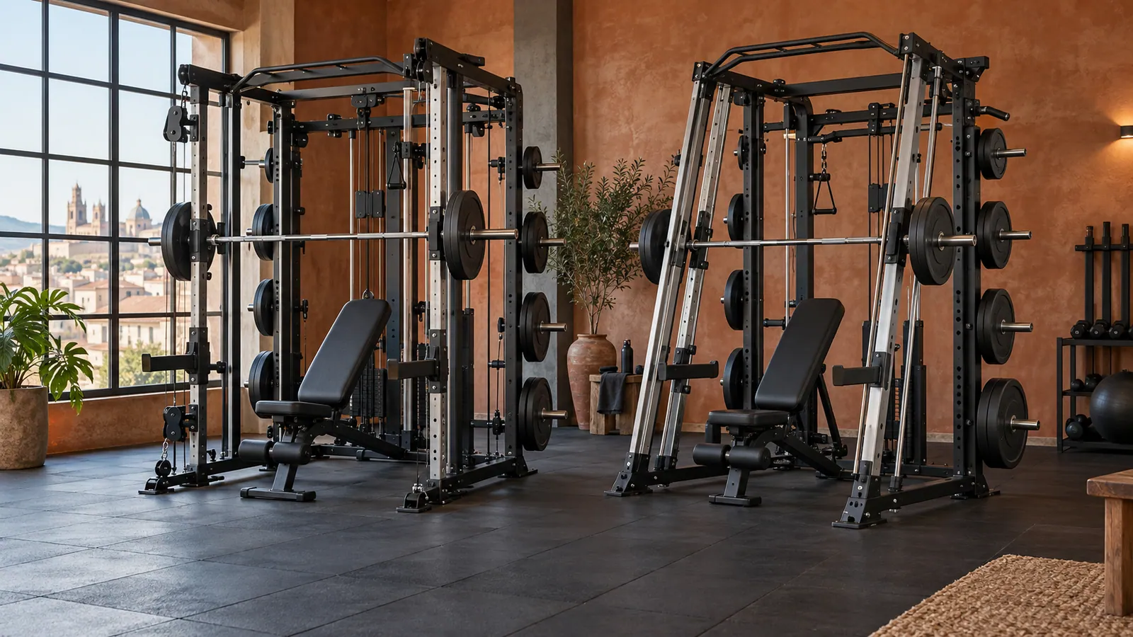 Comparación de guías inclinadas y verticales de máquina Smith en gimnasio doméstico