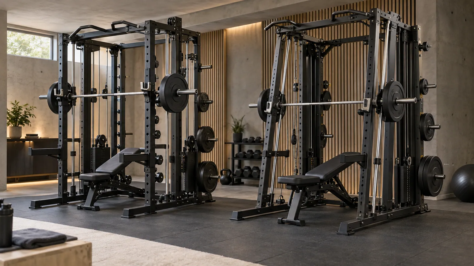 Comparaison de rails inclinés et verticaux de machine Smith dans un home gym