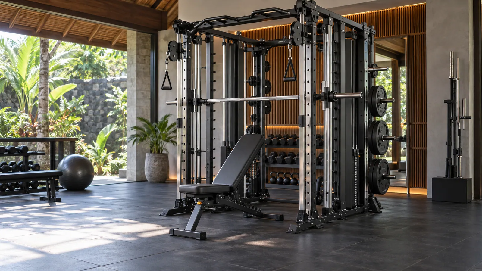 Dua kolom kabel adjustable pada rack multifungsi dengan ruang latihan bebas