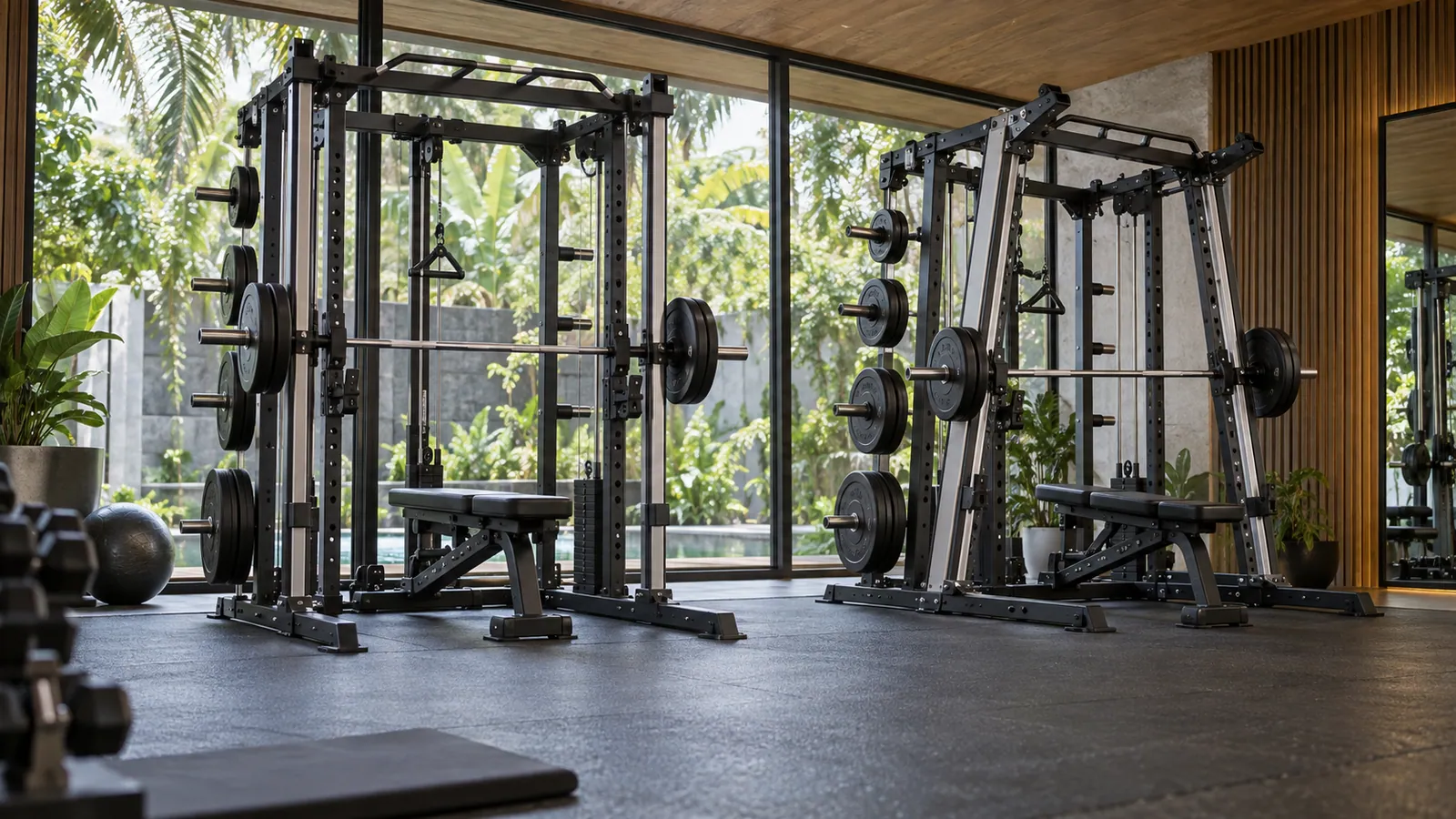 Perbandingan rel Smith machine miring dan vertikal di home gym premium