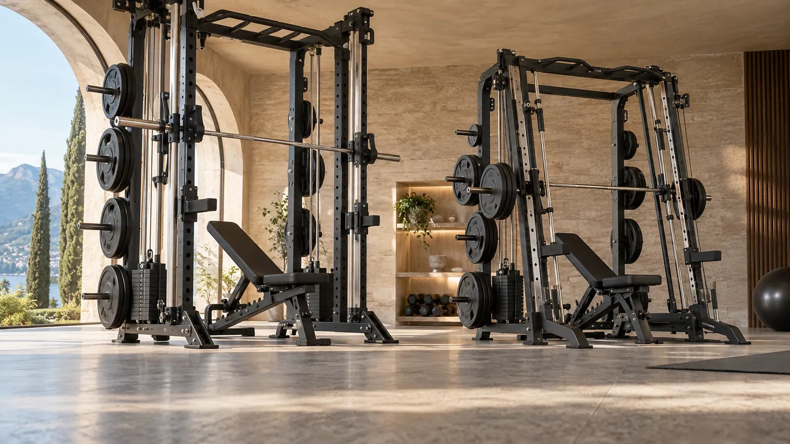 Confronto tra guide Smith inclinate e verticali in una home gym premium