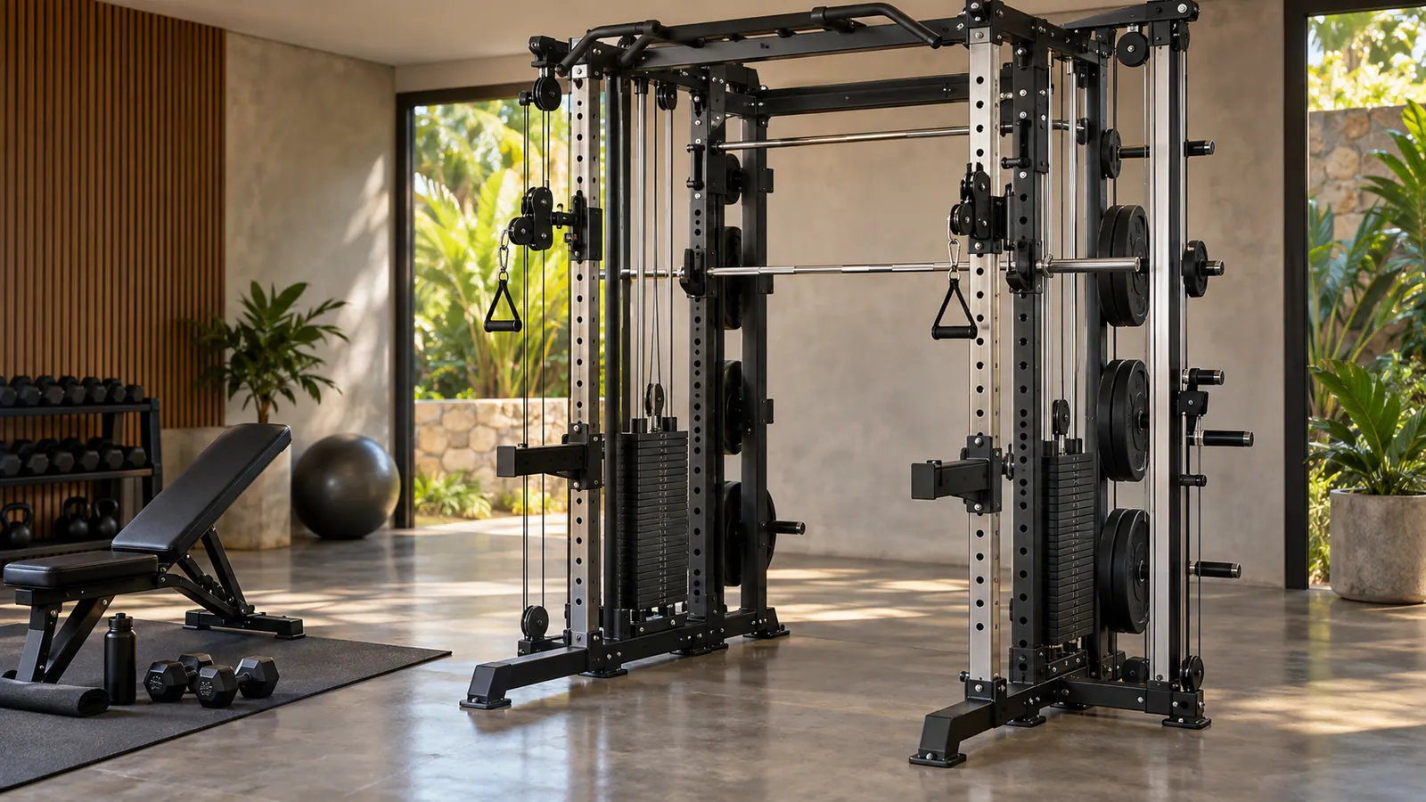 Duas colunas ajustáveis de cabo em rack multifuncional com área de exercício