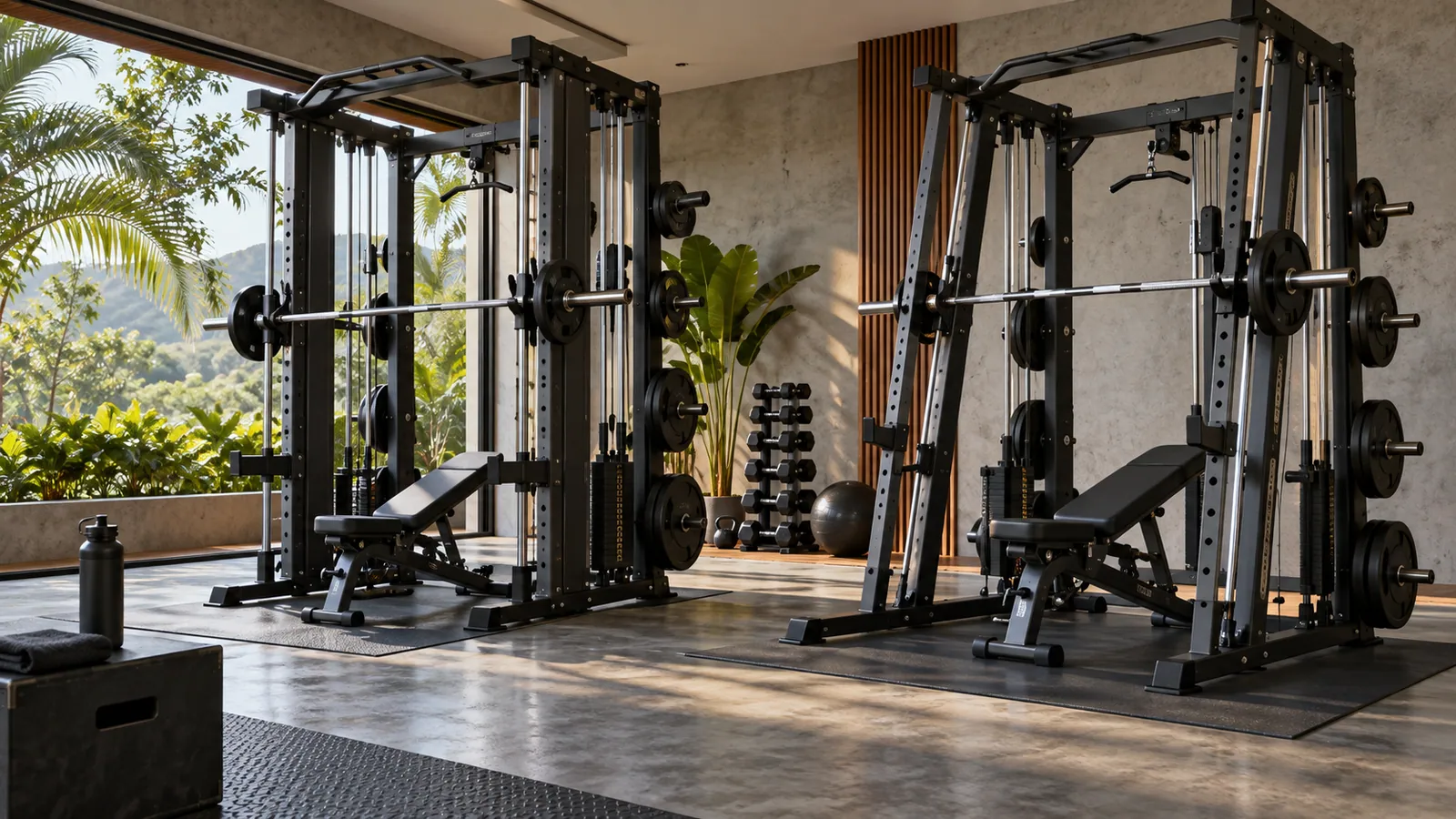 Comparação de trilhos inclinados e verticais de máquina Smith em home gym