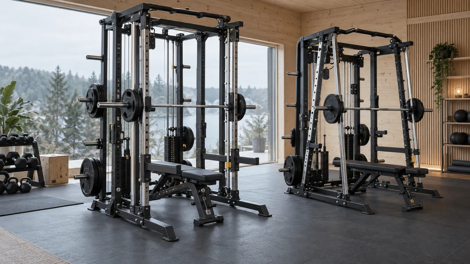 Jämförelse av lutande och vertikala Smith-skenor i ett premiumgym hemma