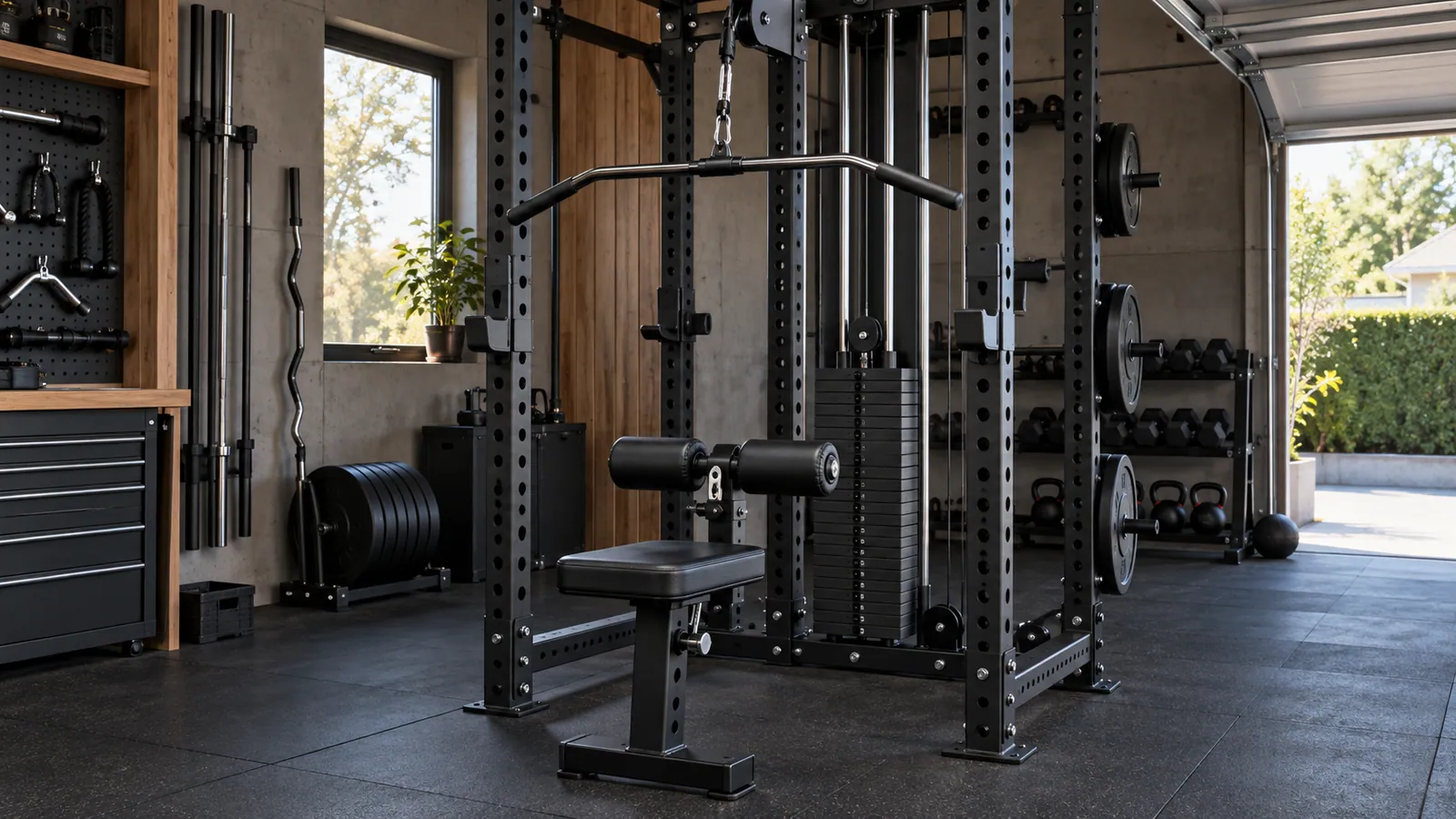 Rack-Latzug mit verstellbarer Oberschenkelrolle im Heimstudio