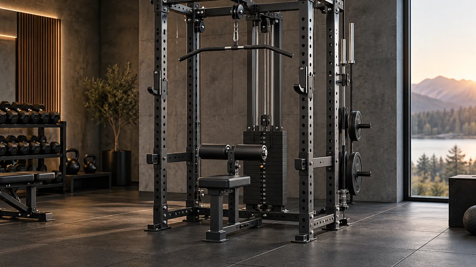 Rack lat pulldown with adjustable thigh hold-down in a home performance gym