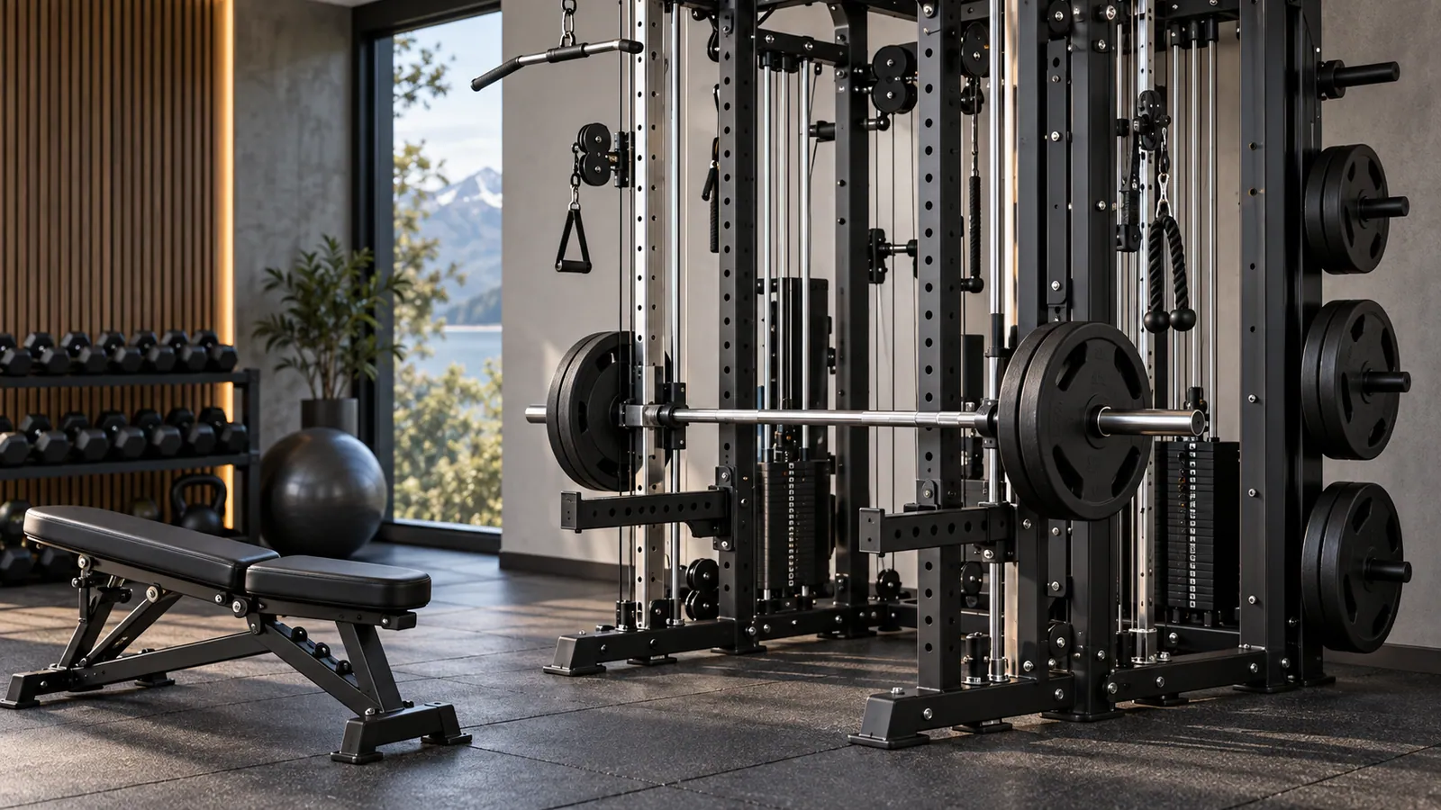 Low Smith bar position and adjustable safety stops on a multifunctional rack