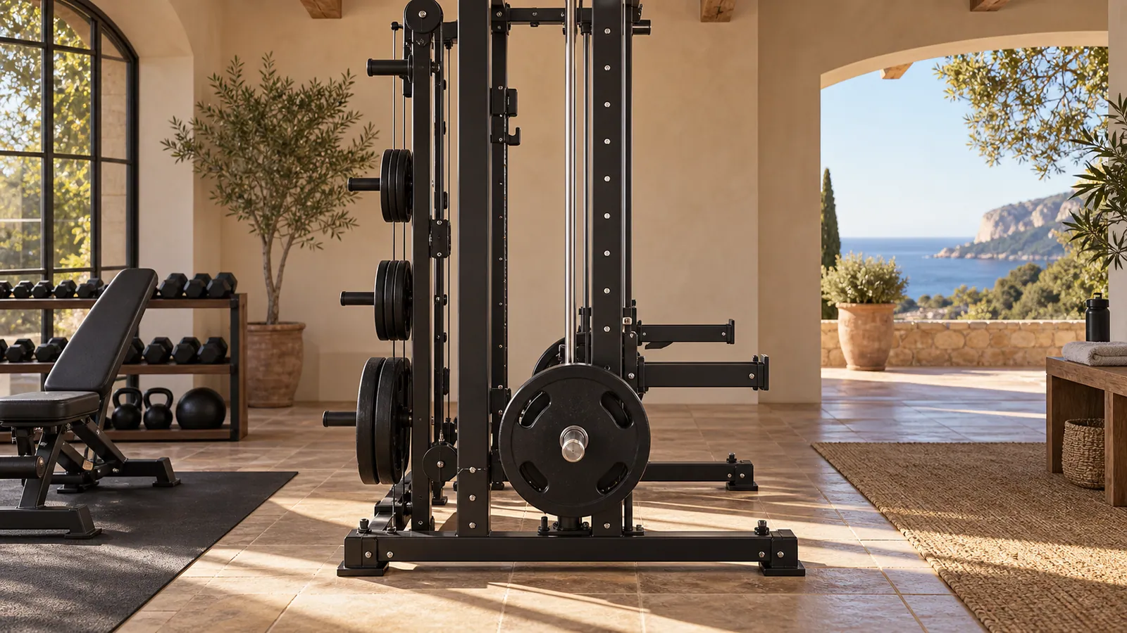 Posición baja de barra Smith y topes ajustables en rack multifunción