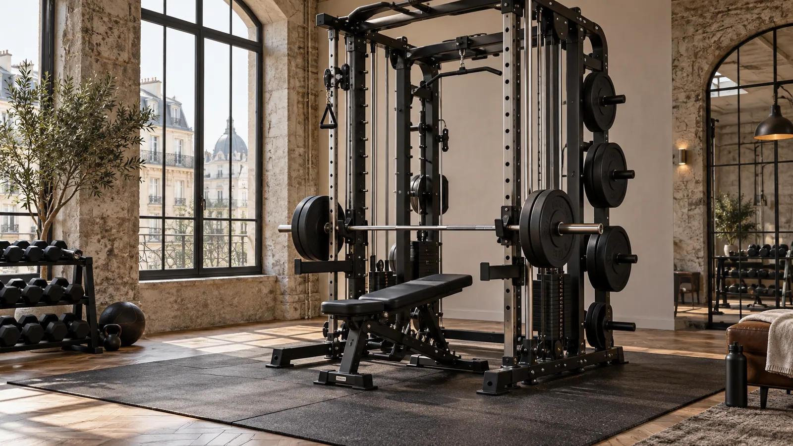 Barre Smith en position basse avec butées réglables sur rack multifonction