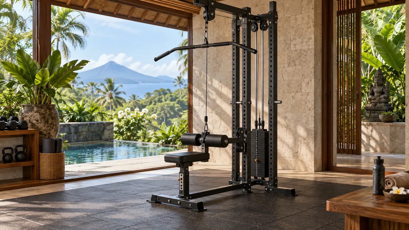 Lat pulldown rack dengan roller paha adjustable di home gym