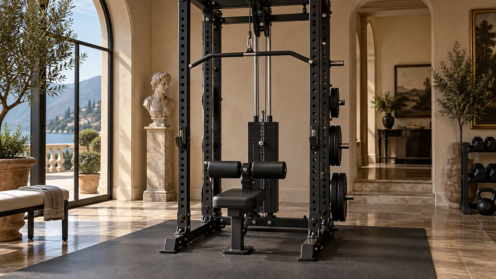 Lat pulldown su rack con rullo cosce regolabile in palestra domestica