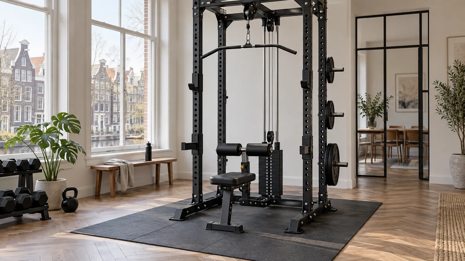 Lat pulldown aan rack met verstelbare dijbeenrol in een homegym