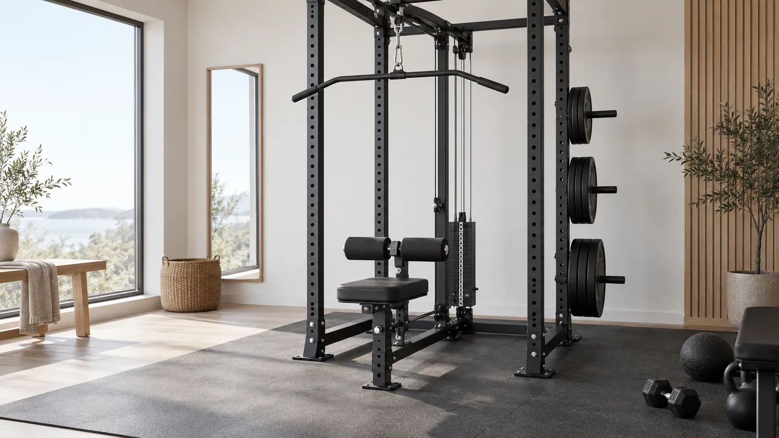 Rackmonterad lat pulldown med justerbar lårrulle i hemmagym