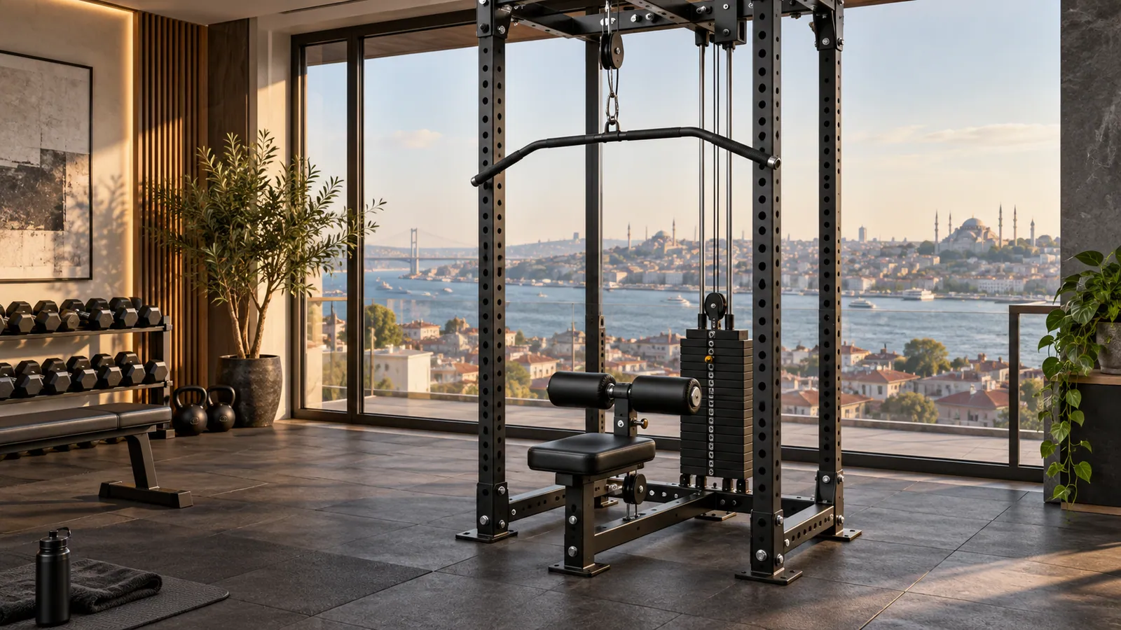 Ev spor alanında ayarlanabilir uyluk rulolu rack lat pulldown