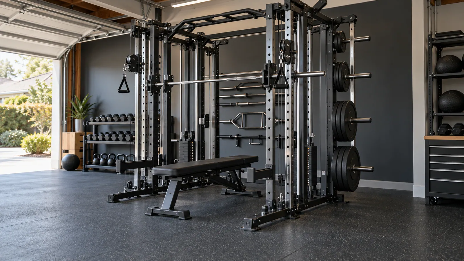 Rear weight plate storage layout on an all-in-one performance rack with clear work zones