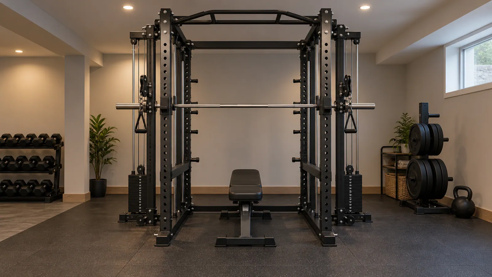 Clearance envelope above a multifunction power rack pull-up bar in a home gym