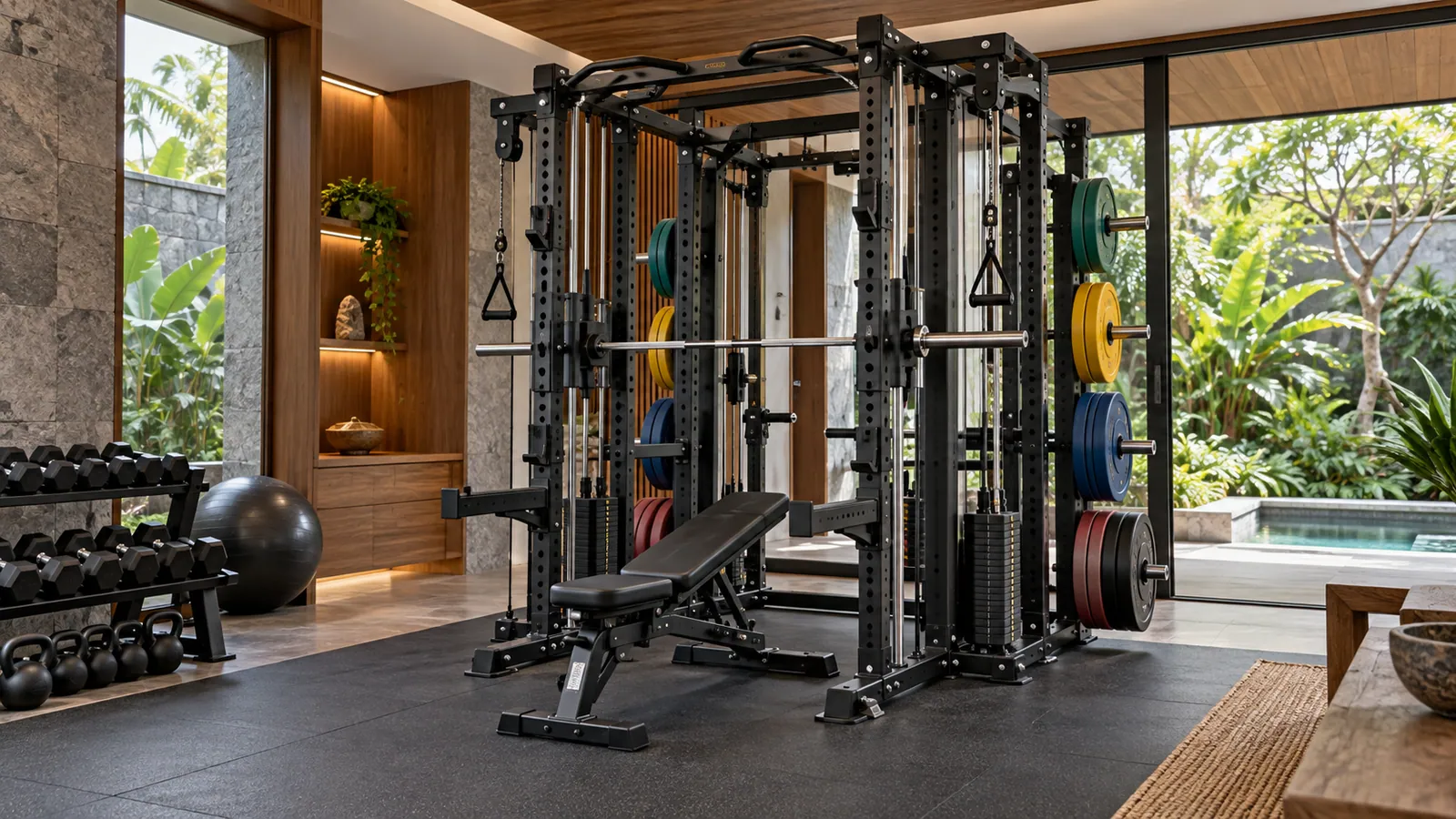 Penyimpanan weight plate belakang dengan zona kerja rack multifungsi tetap bebas