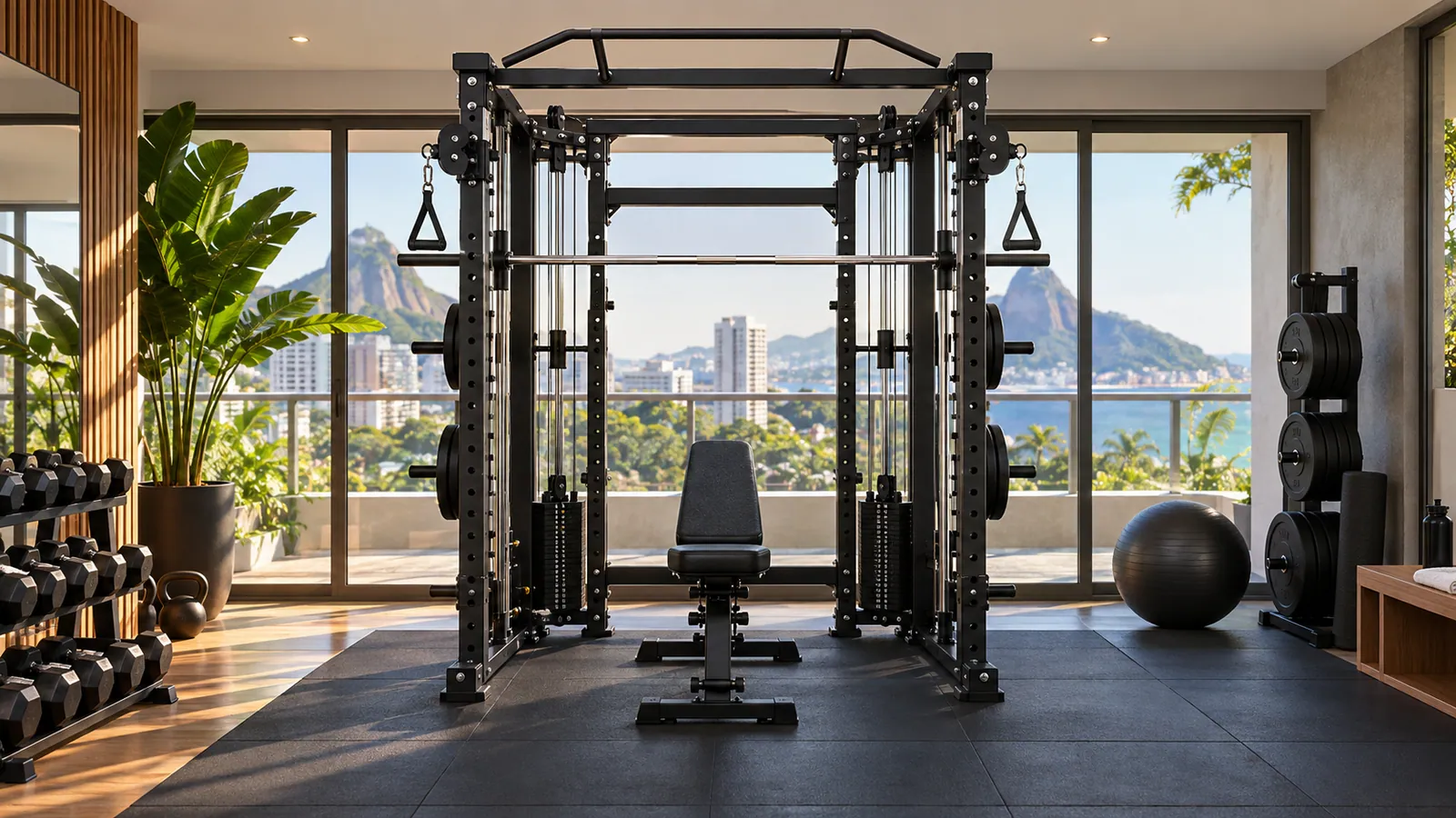 Espaço livre acima da barra fixa de rack multifuncional em home gym