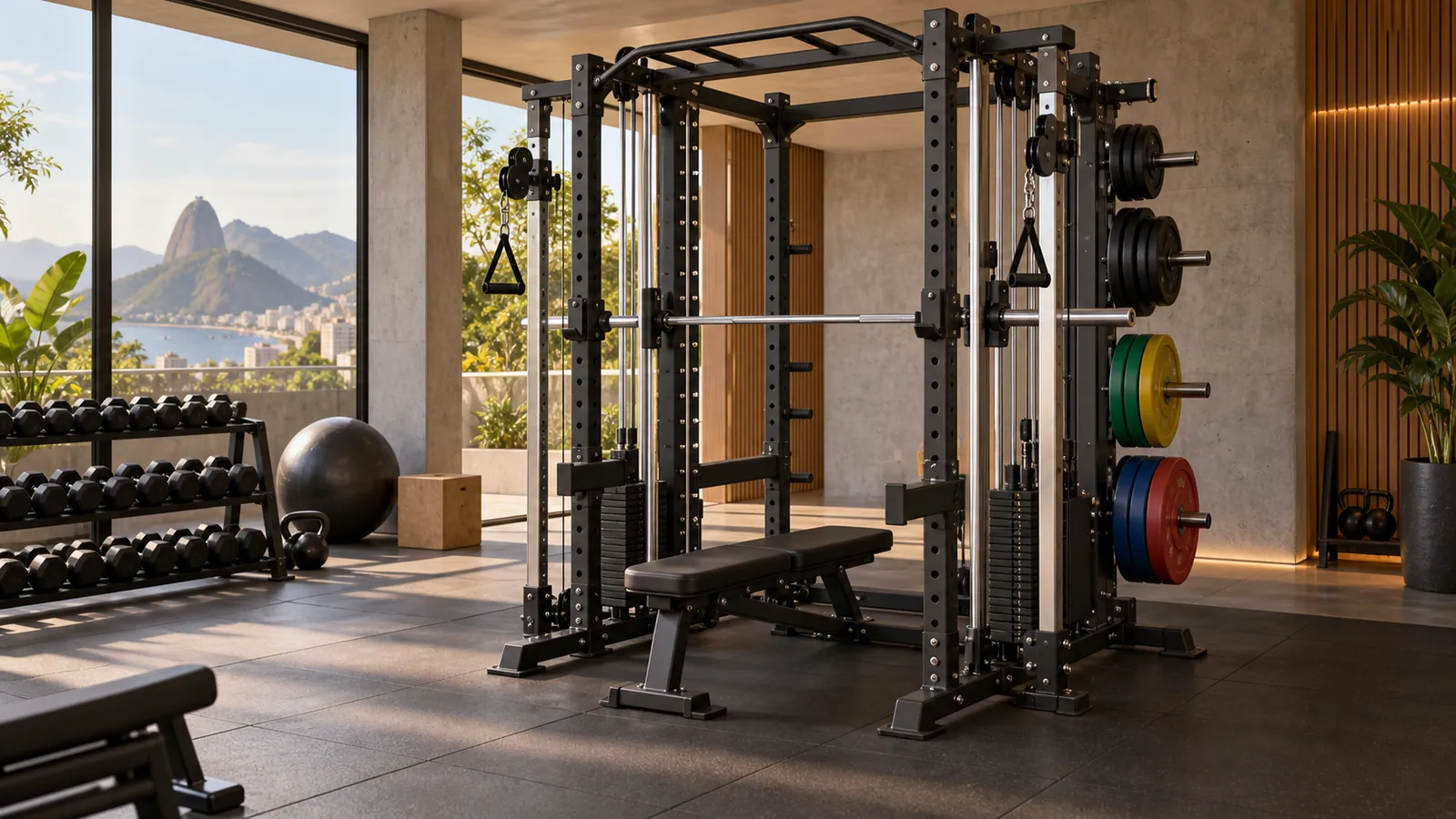 Pinos traseiros de anilhas com áreas de treino livres em rack multifuncional