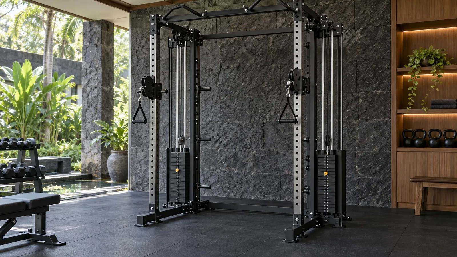 Satu weight stack bersama dan dua stack independen pada rack multifungsi