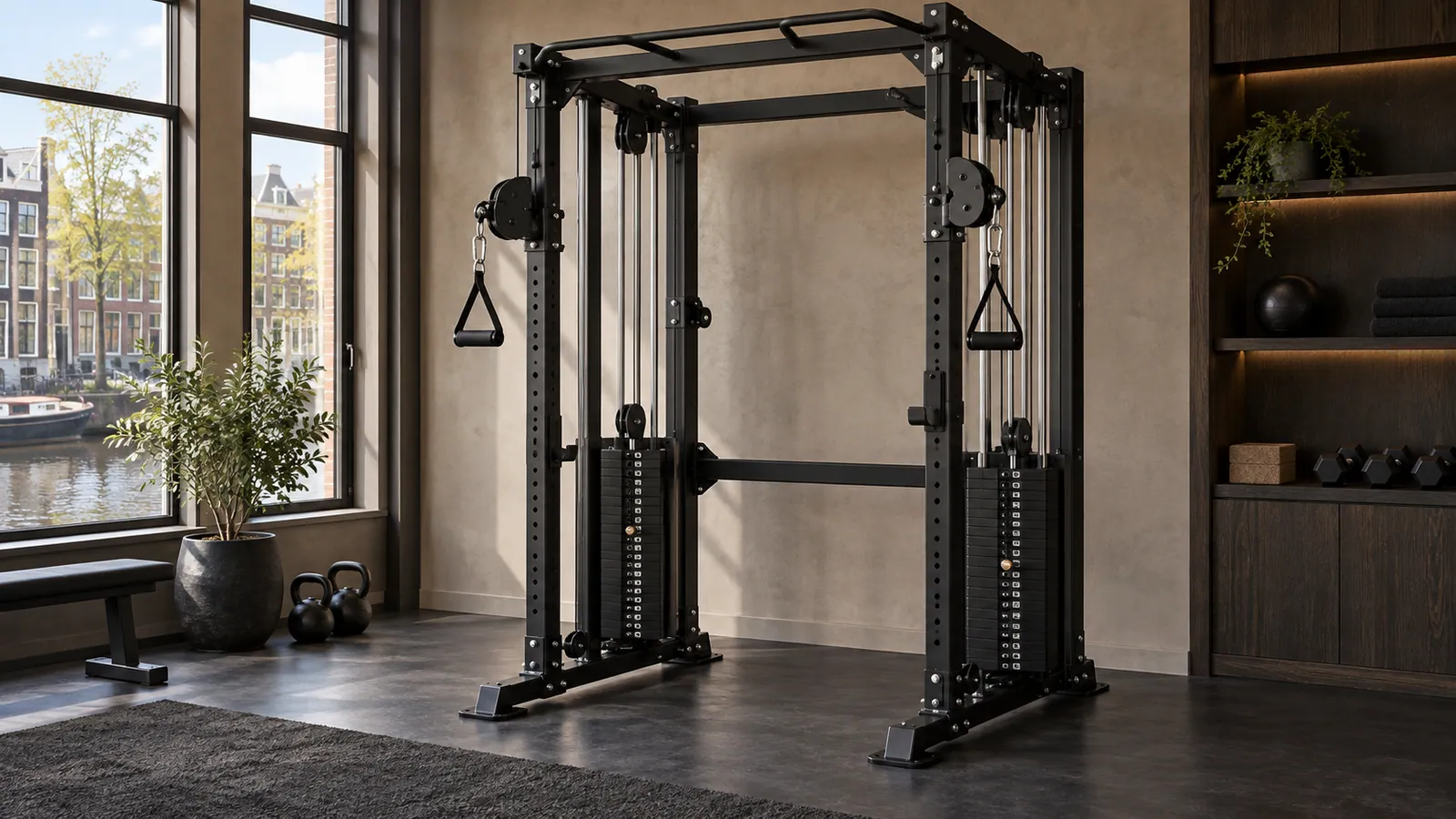 Eén gedeelde en twee onafhankelijke gewichtstapels op een multifunctioneel rack