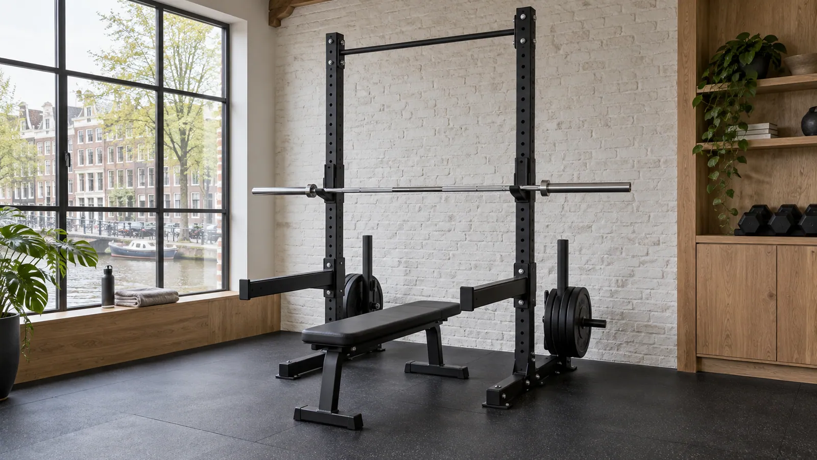 Werkruimte van een half rack en volledig power rack in een homegym