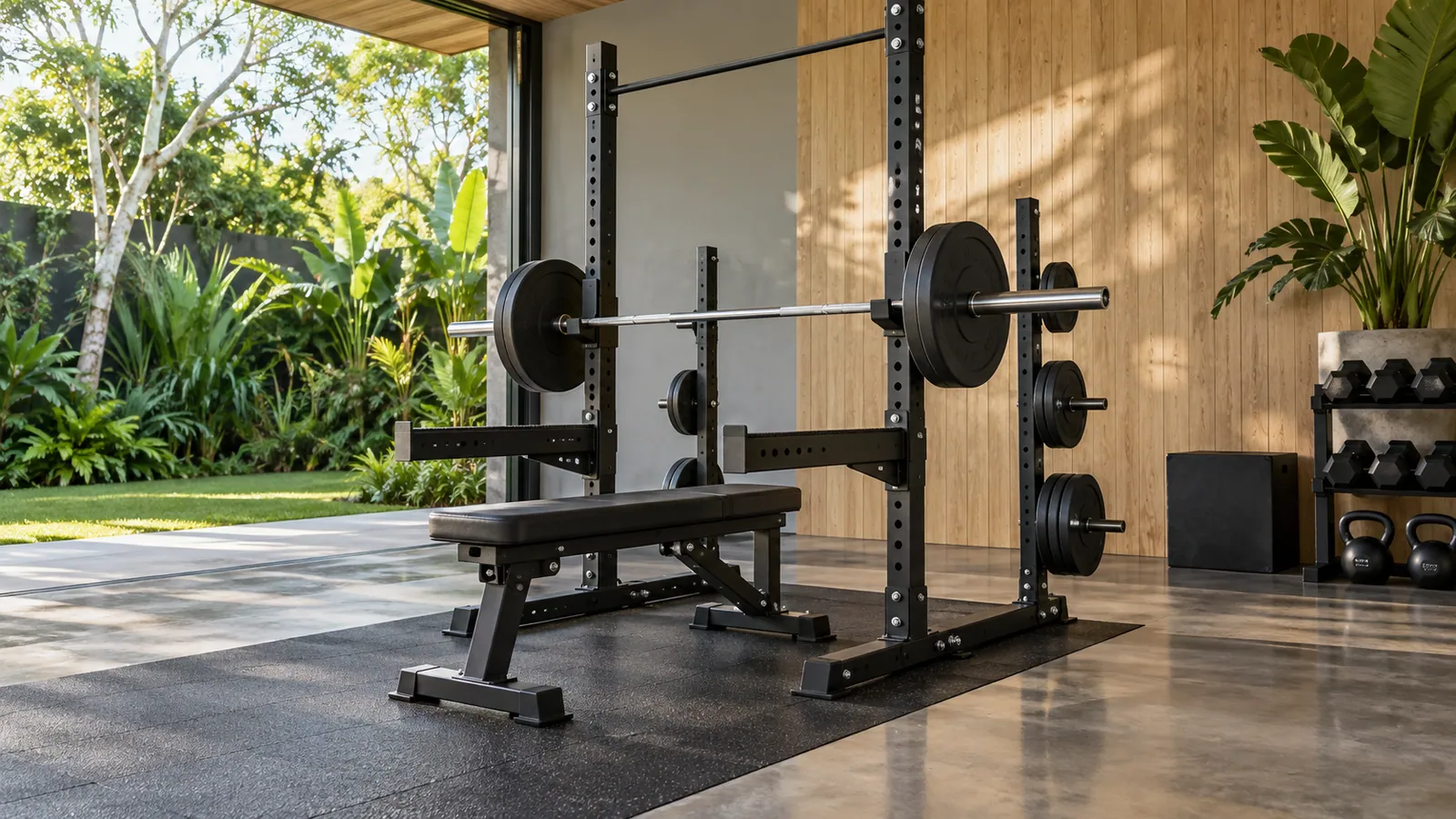 Área de treino de half rack e power rack completo comparada em home gym
