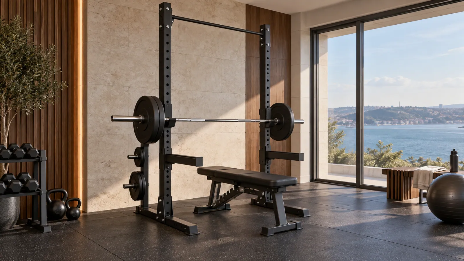 Ev spor salonunda half rack ve tam power rack çalışma alanı karşılaştırması