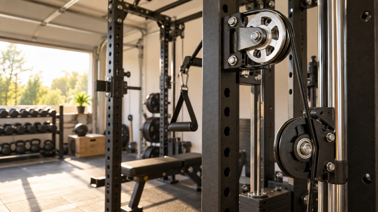 Aluminum and engineered nylon pulley wheels beside an all-in-one functional trainer rack