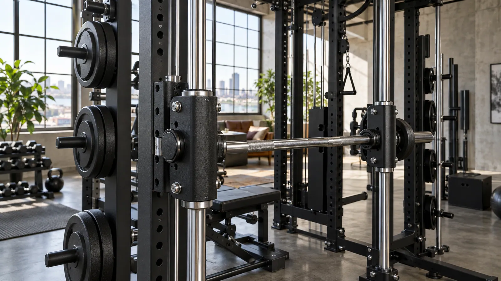 Smith machine carriage with parallel guide rods and linear bearing housings in a home gym