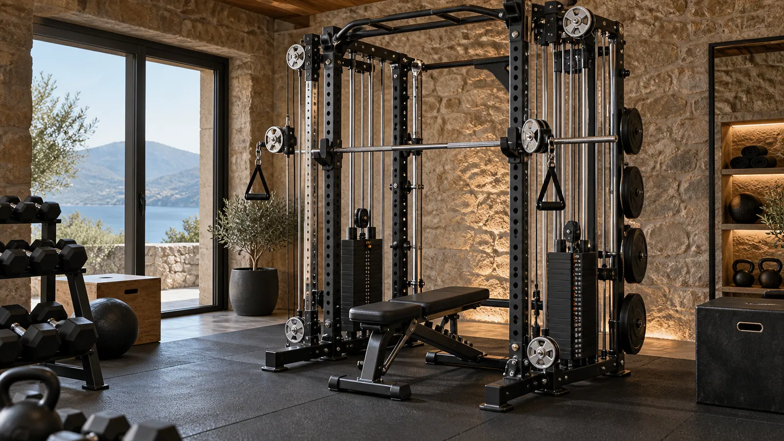 Poulies en aluminium et nylon technique près d’un rack à câbles