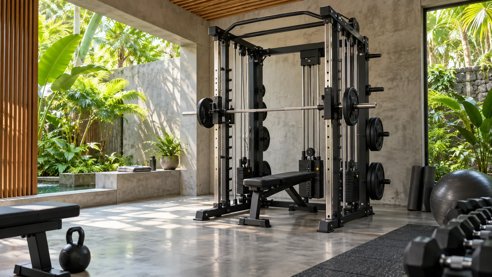 Carriage Smith machine dengan guide rod paralel dan rumah linear bearing