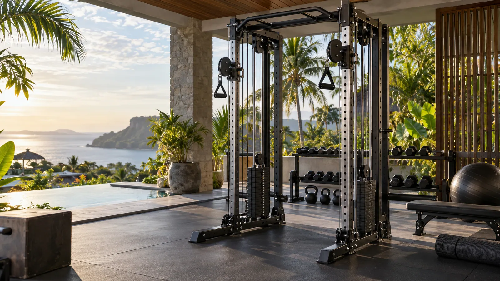 Pulley aluminium dan nylon teknik di samping rack functional trainer